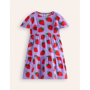 Tiered Flutter Jersey Dress - Parma Violet Strawberries