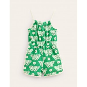Strappy Towelling Romper - Pea Green Butterfly Stamp