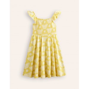 Shirred Jersey Dress - Yellow Butterfly Stamp