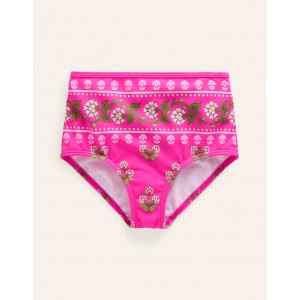 High Waisted Bikini Bottoms - Pink Small Woodblock