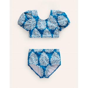 Puff Sleeve Bikini - Cabana Blue Small Flower Stamp