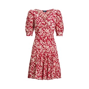 Floral Mutton-Sleeve Godet Crepe Dress