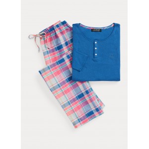 Plaid Cotton-Blend Henley Pajama Set