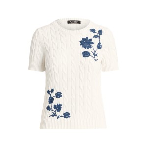 Floral Cable-Knit Short-Sleeve Sweater