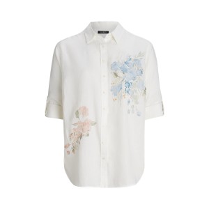 Oversize Floral Eyelet-Logo Linen Shirt