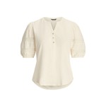 Lace-Trim Jersey Puff-Sleeve Henley Tee