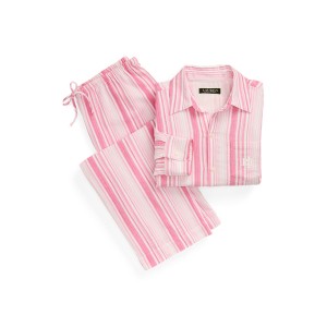 Striped Gauze Roll-Tab-Sleeve Sleep Set