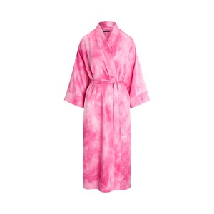 Tie-Dye-Print Belted Satin Long Robe