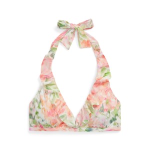Floral Ruffle-Trim Halter Bikini Top