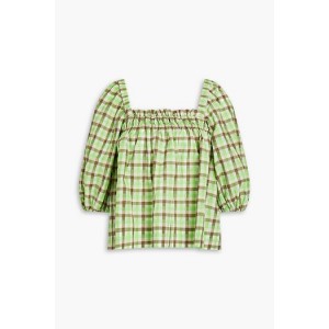 Gathered checked organic cotton-blend blouse