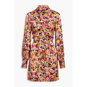 Ruched floral-print silk-blend satin mini shirt dress