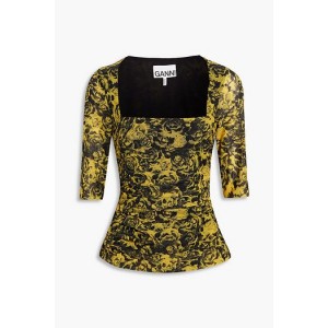 Ruched floral-print mesh top