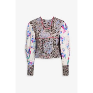 Printed silk-paneled cotton and linen-blend jacquard top