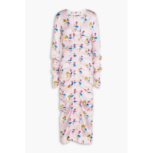 Ruched floral-print stretch-silk satin midi dress