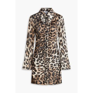 Ruched leopard-print satin mini shirt dress