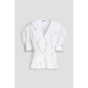 Shirred floral-print cotton-poplin blouse