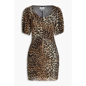 Ruched leopard-print stretch-mesh mini dress