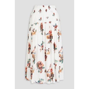 Shirred floral-print gauze midi skirt
