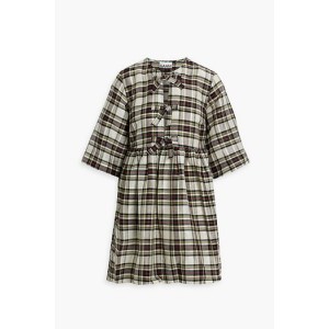 Gathered checked linen and silk-blend mini dress