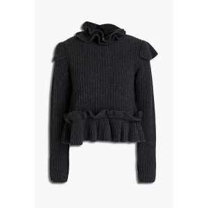 Cutout ruffled ribbed wool-blend sweater