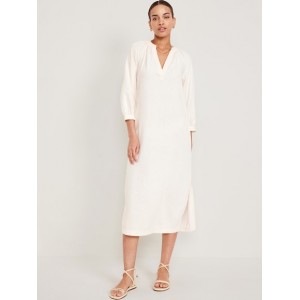 Split-Neck Linen-Blend Midi Dress
